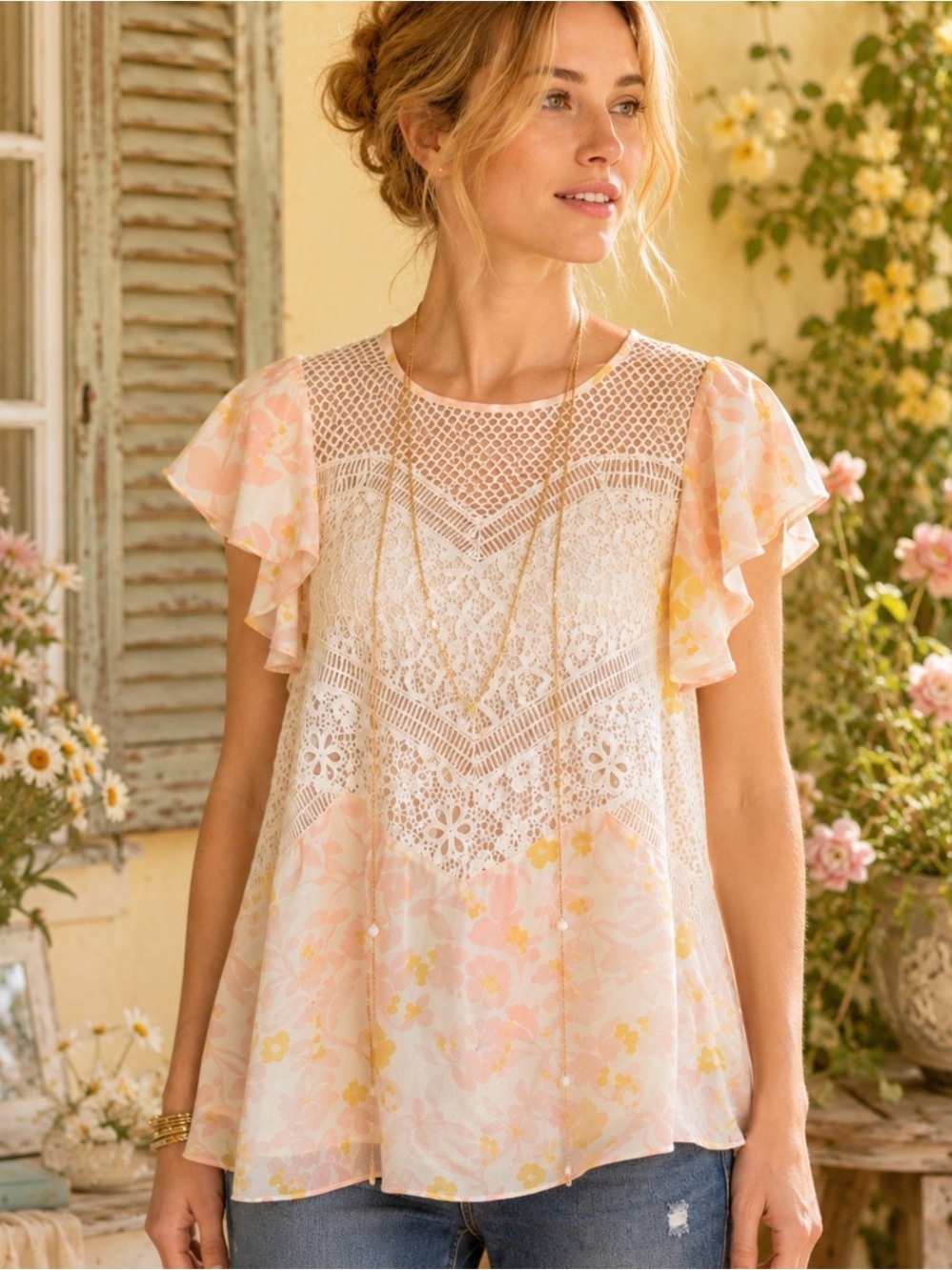 Anthropologie HD in Paris Flutter Flores Lace Floral Blouse Pink Cream Size 0